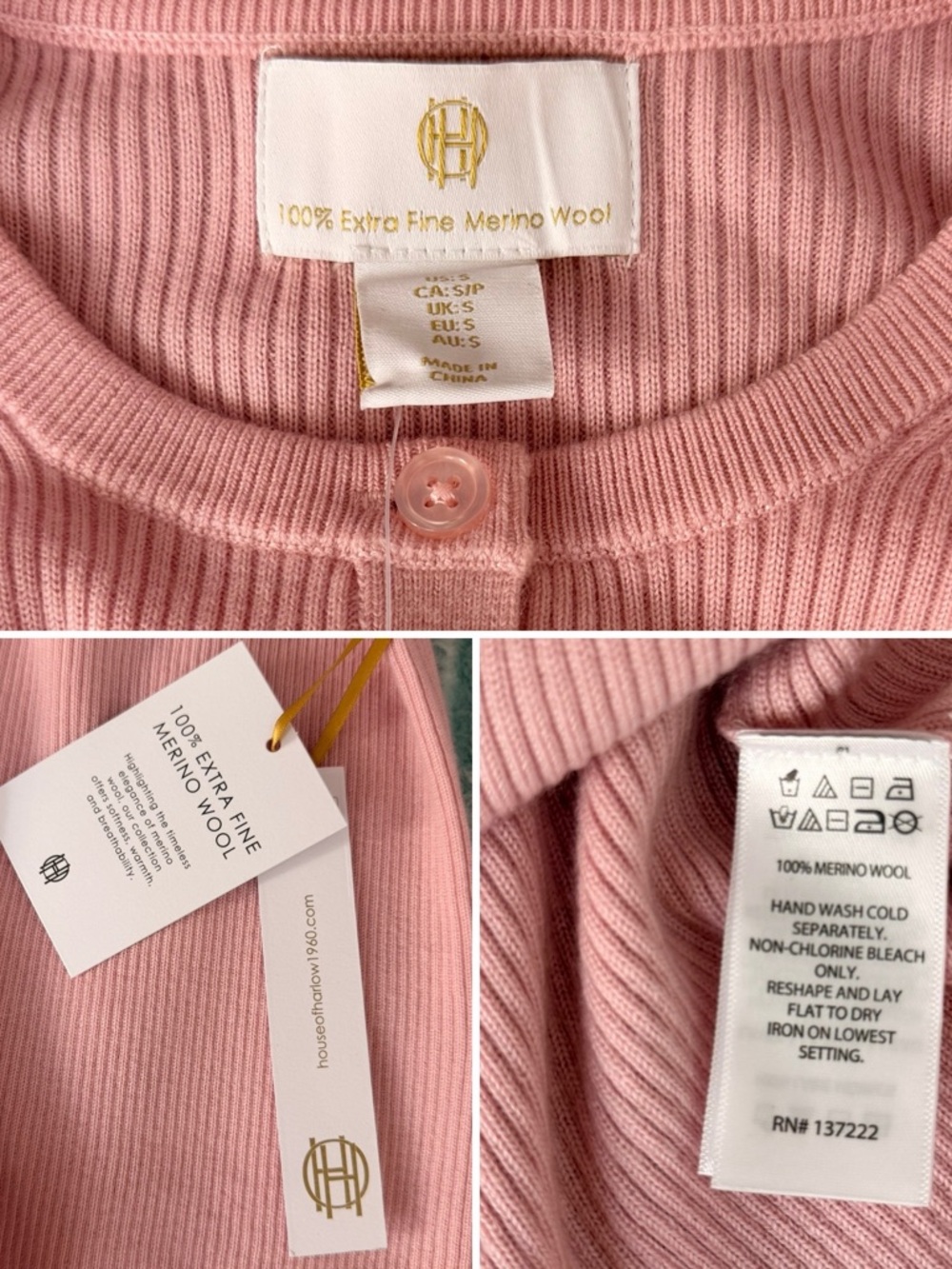 House of Harlow 1960 100% Extra Fine Merino Wool Pink Ribbed Cardigan NWT Small - Picture 9 of 9